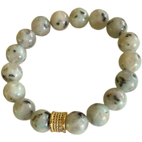 Gemstone Beaded Bracelet Set Stretchable Kiwi Beads/Amazonite Chips/Rhinestones - Picture 7 of 7